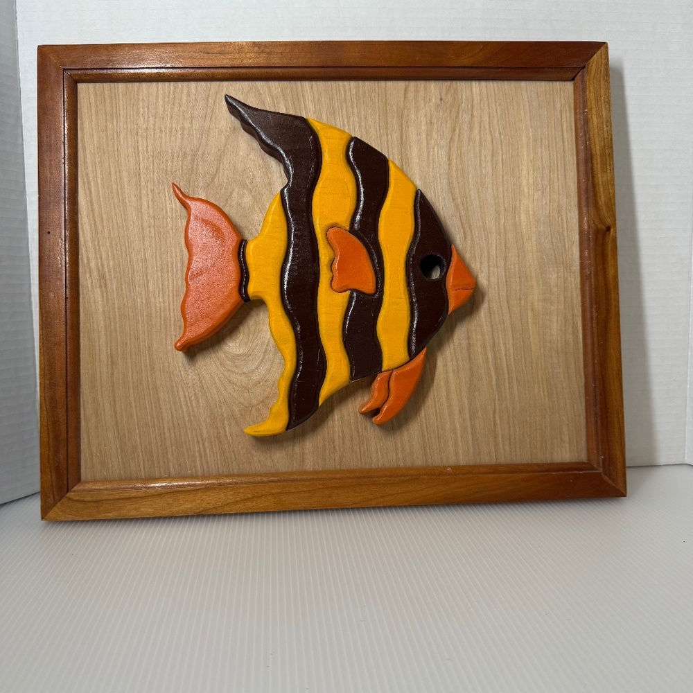 Wooden Fish Angelfish Wall Art Decor Hand Carved Wood Framed Decor Nautical